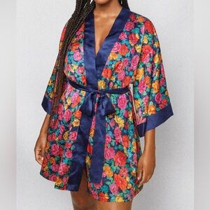 VTG Victoria's Secret Kimono Robe Wmns O/S Floral Blue Pink Gold Label Satin Lux